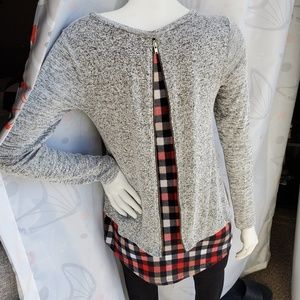 Zipper Back Plaid/Heathered Grey Sweater